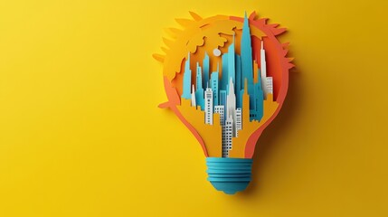 Poster - Creative Paper Cutout of a Colorful Light Bulb with Urban Skyline Against a Bright Yellow Background Representing Innovation and Ideas