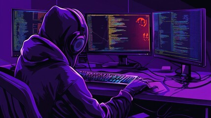 Poster - Dark Atmosphere of a Programmer in a Hoodie Working on Code with Multiple Monitors, Immersed in Tech Surroundings and Ambient Lighting