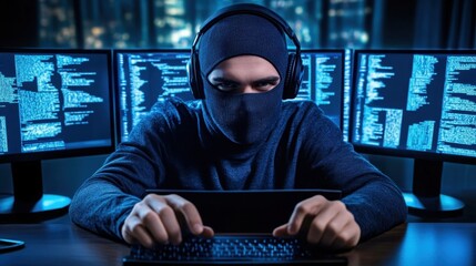 Poster - Focused hacker in a dark room with multiple computer screens showcasing digital code and data, exemplifying cybercrime and technology risks in modern society.
