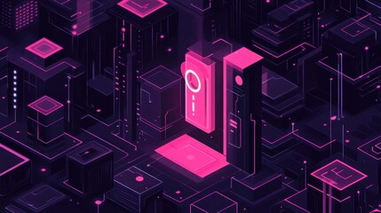 Poster - Futuristic Digital Cityscape with Neon Pink Accents Depicting Advanced Technology, Cyber Infrastructure, and Virtual Reality Concepts in a Modern, Abstract Style