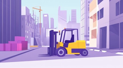 Poster - Colorful Forklift Operating in a Modern Urban Construction Site with Skyscrapers and Cranes in the Background