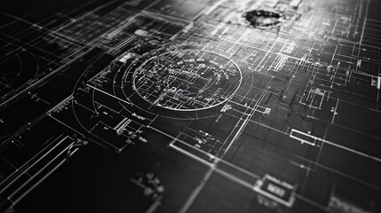 Poster - detailed black and white architectural blueprint with a circular detail in the center