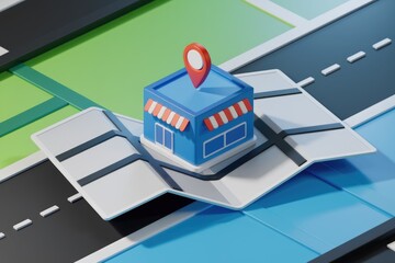 Poster - A 3D illustration of a store location on a map