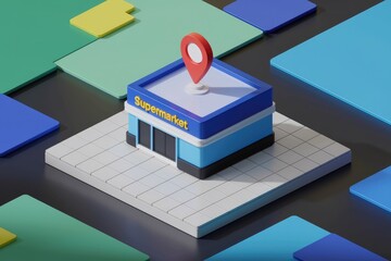 Poster - 3D rendering of a supermarket building with a location pin on top