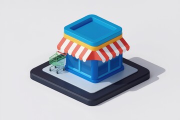 Poster - 3D rendering of a small store with a shopping cart
