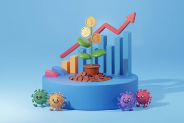 Poster - A 3D illustration of a growing economy with a money plant and a red arrow