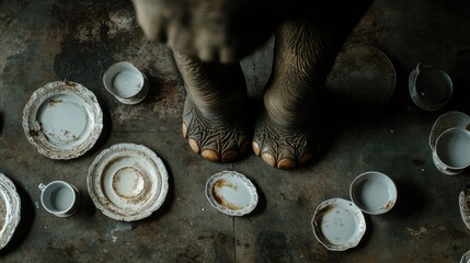 Poster - An overhead view of an elephant’s feet surrounded by ancient dishes in a rustic setting during daylight hours