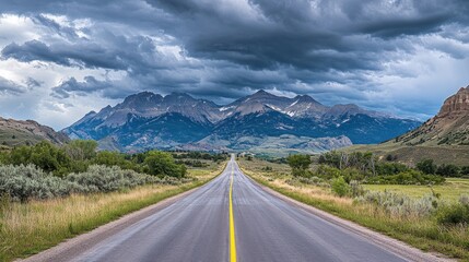 Poster - A winding country road leads through the serene mountains of the USA under a dramatic sky with looming clouds