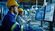 © Hungarian - Industrial Worker Monitoring Data on Computer in Factory Setting