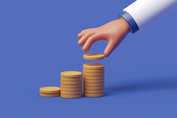 Poster - A 3D cartoon hand placing a gold coin on top of a stack of coins.