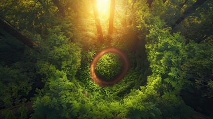 Aufkleber - Aerial view of a vibrant redwood forest illuminated by morning sun rays showcasing lush greenery and natural beauty