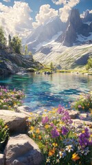 Aufkleber - A tranquil mountain lake surrounded by vibrant wildflowers and majestic peaks in a remote wilderness during a sunny day