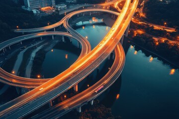 Poster - Aerial view of a busy multi-lane highway weaving over water during twilight showcasing vibrant light trails