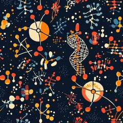Fototapete - Vibrant and colorful pattern of stylized nucleotides representing DNA sequences on a dark background with diverse organic shapes