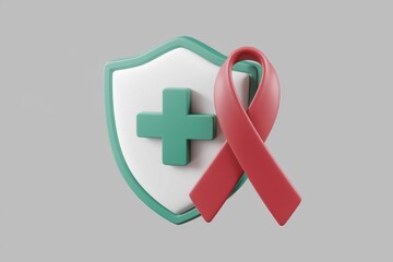 Poster - Green shield with a cross and a red ribbon  symbolizing health protection.
