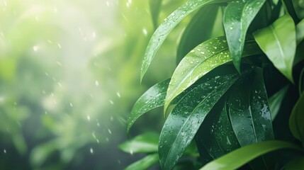 Poster - Lush green leaves with water droplets glistening in the sunlight