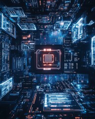 Fototapete - Aerial view of a modern high-tech workspace filled with glowing digital interfaces and circuits at night