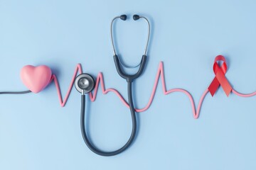 Poster - Pink heart  stethoscope  and red ribbon on blue background  representing health.