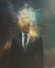Poster - A figure in a suit stands with a cosmic explosion emerging from their head at dusk, blending the boundaries between reality and imagination
