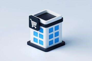 Poster - 3D rendering of a building with a shopping cart icon.