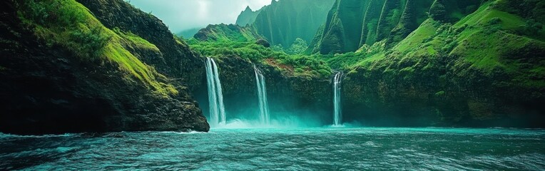 Poster - Majestic green cliffs with cascading waterfalls and turquoise waters in a tropical paradise during the day