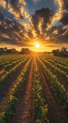 Poster - Golden sunset illuminates lush vineyards with rows of grapevines stretching into the horizon on a tranquil evening