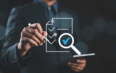 Poster - Businessman Audit documents, quality assessment management With a checklist, business document evaluation process, market data report analysis and consulting, plan review process