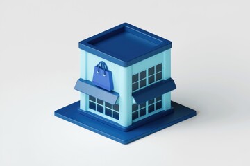 Poster - A 3D rendering of a blue and white storefront with a shopping bag sign.