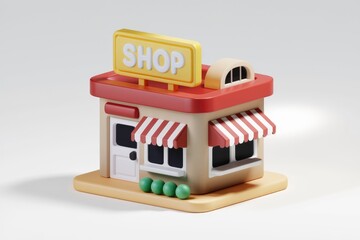 Aufkleber - A 3D rendering of a small shop with a red roof and striped awning.