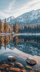 Aufkleber - Breathtaking sunrise over Lake Tahoe with serene reflections of trees and mountains, capturing the beauty of nature in a quiet morning