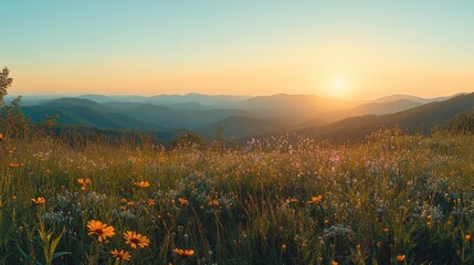 Poster - A breathtaking view of the Blue Ridge Mountains at sunset with colorful wildflowers in the foreground and misty hills in the distance