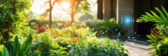 Poster - This lush garden showcases advanced technology with automated sprinklers and soil sensors, thriving in warm sunlight. Generative AI