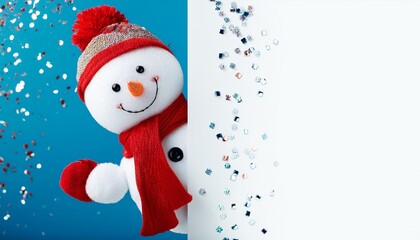 cute snowman peeking out from the right side of the white wall wearing a red scarf and hat