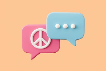 Aufkleber - Peace sign inside a pink speech bubble next to a blue one with three white dots.