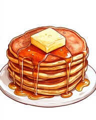 Poster - Delicious stack of fluffy pancakes with melting butter and syrup on a white plate garnished with a light drizzle