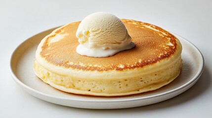 Aufkleber - A delicious large pancake with a scoop of creamy ice cream served on a white plate in a cozy breakfast setting