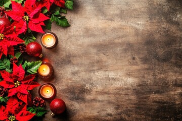 Poster - A festive arrangement with poinsettias, candles, and ornaments on a wooden surface.