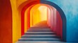 © Thaweechai - Vibrant Geometric Staircase with Colorful Arched Walls Creating an Inviting Atmosphere in a Modern Architectural Space