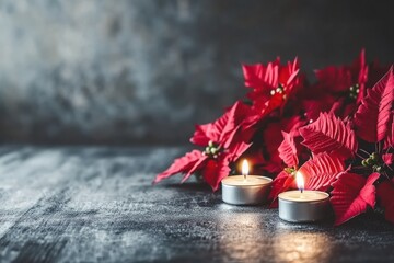 Poster - A serene arrangement of red poinsettias and lit candles on a dark surface.