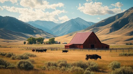 Poster - A tranquil afternoon in Carson Valley with grazing cows by the rustic barn and majestic mountains in the backdrop