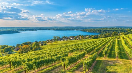 Poster - A tranquil view of verdant vineyards overlooking the expansive waters of the Finger Lakes during a sunny afternoon