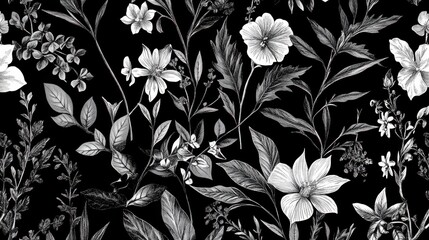 Aufkleber - Elegant hand-drawn botanical seamless pattern featuring various flowers and leaves on a black background