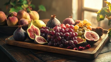 Aufkleber - A rustic table setting featuring a variety of fresh fruits including figs, grapes, apples, and pears in warm natural light