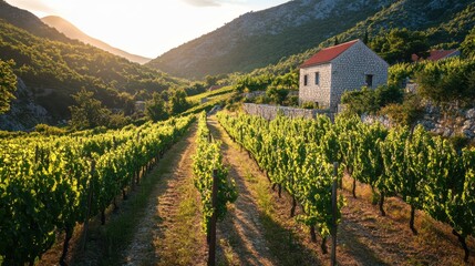 Poster - A tranquil morning in a vineyard with lush green grapes and rolling hills under a soft sunrise
