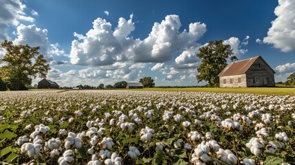 Aufkleber - A serene rural countryside landscape showcasing blooming cotton fields under a bright sky with fluffy clouds during the day