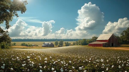 Aufkleber - A serene day in the rural countryside showcasing a cotton field under a bright blue sky with fluffy clouds in the background