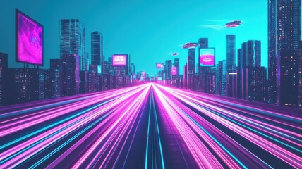Wall Mural - futuristic cityscape with vibrant neon lights and skyscrapers.