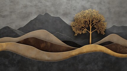 Poster - Golden tree silhouette on a mountain range with layered hills.