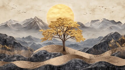 Poster - Golden tree and mountains with a large sun behind it.