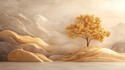 Poster - Golden tree in desert landscape with mountains in background.